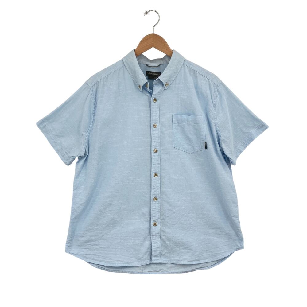Eddie Bauer Shirt Mens XL Blue Slim Fit Short Sleeve Single Pocket Button Down